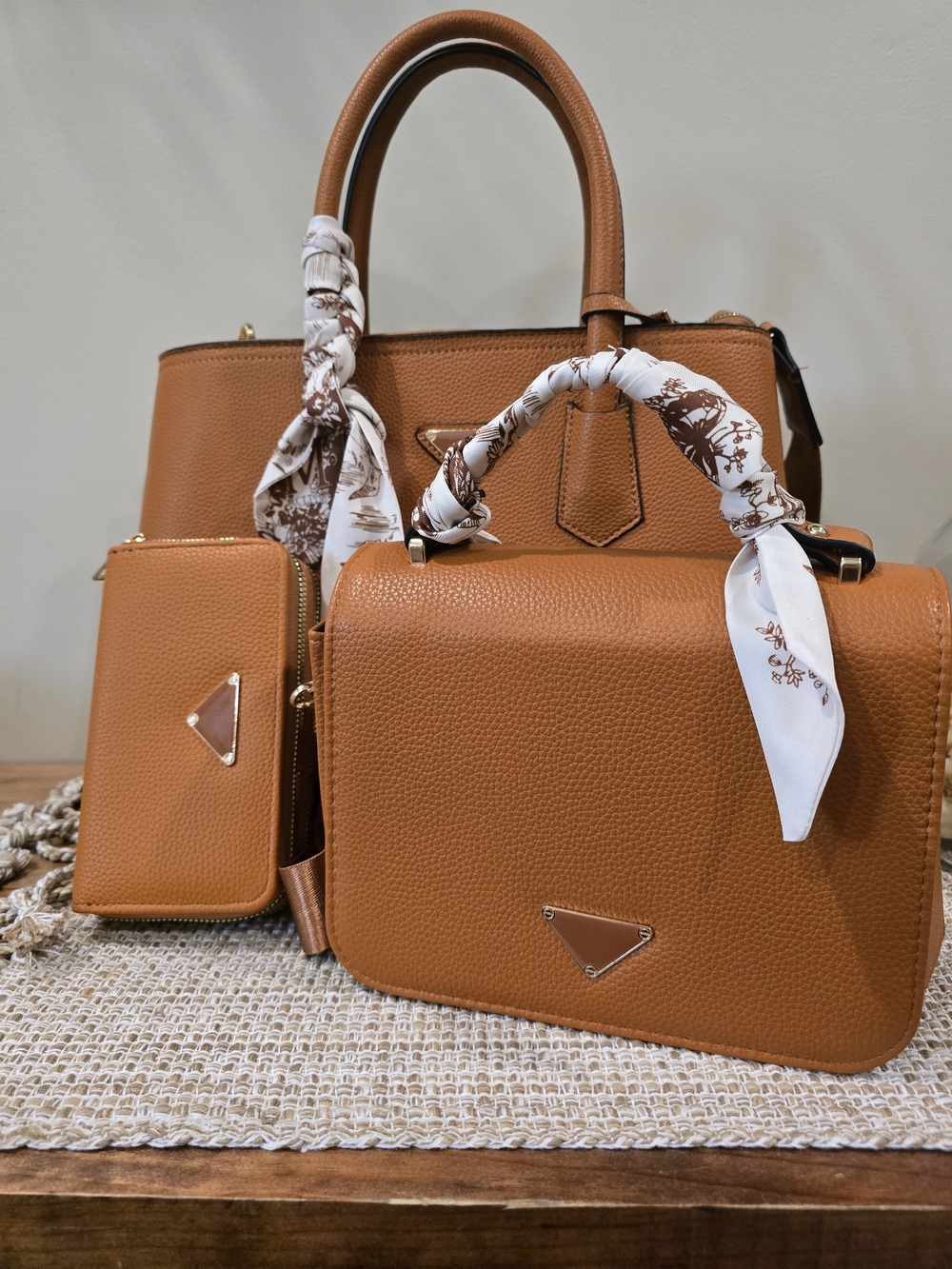 Brand New Without Tags Classic Tan Structured Satchel Handbag with Scarf Accent